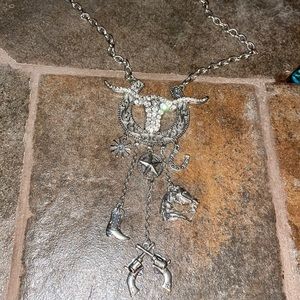 Western Steer Head Necklace with Dangling Charms.
